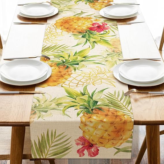 Summer Pineapple Dining Table Runner, Tropical Fruit Palm Leaves