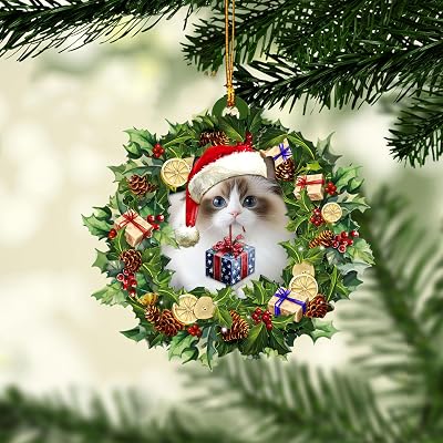 Talataca Ragdoll 2D Flat Christmas Ornament, Ragdoll Cat Wearing A Christmas Hat Wreath Pine Tree Decor, Hanging House Charm Eve Keepsake, Car Rear View Mirror Accessories, Xmas Gift
