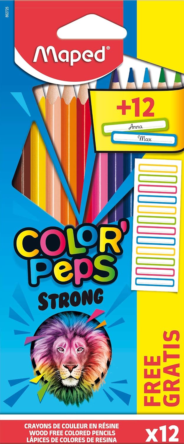 Maped - Ergonomic Triangular Colouring Pencils, Colour'Peps Strong - x12 Pens + x12 Name Stickers