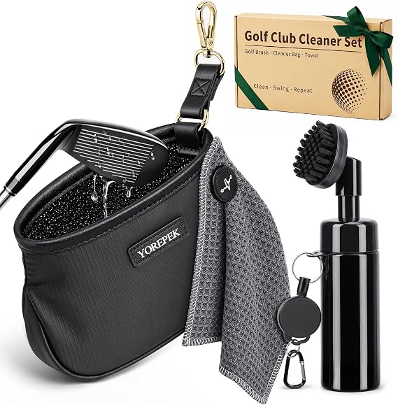 YOREPEK 3-in-1 Golf Club Cleaning Kit, Unique Fathers Day Golf Gifts for Him, Golf Ball Cleaner Pouch with Press-to-Spray Brush, Magnetic Golf Towel Packaged with Box, Gifts for Husband Son Grandpa