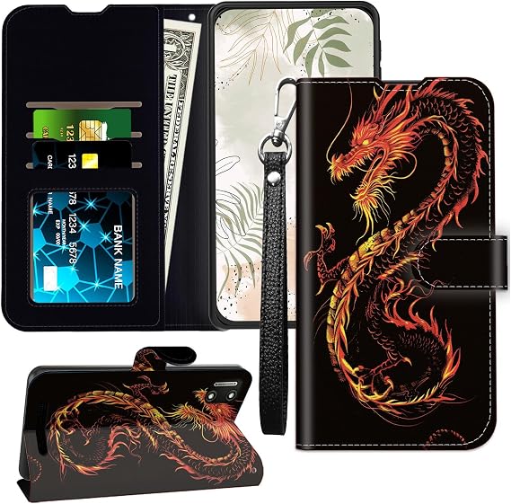 for Cloud Mobile Stratus C7 Wallet Case with RFID Blocking Card Slot Leather Cover for Cloud Stratus C7 with Wristlet Strap Kickstand Phone Case for Cloud Stratus C7, Fire Dragon