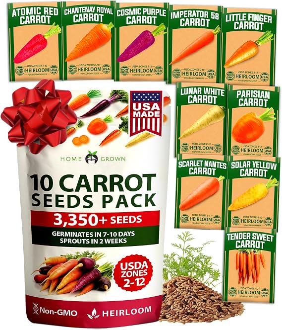 HOME GROWN Rainbow Carrot Seeds 10 Variety Mix 3350+ Heirloom Non-GMO Seeds for Planting, High Germination, Multi-Color Gourmet Root Vegetables, Kids Garden, Crunchy Fresh Eating (Daucus carota)