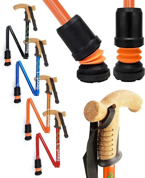 Flexyfoot Shock Absorbing Cork Handle Folding Walking Stick – Choice of Colours Available Here – Improved Comfort, Improved Grip, Improved Safety – Colour: Orange, P99328