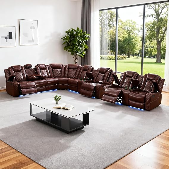 Leather Power Recliner Sectional Sofa Set with LED Light,L Shape Leather Couch Set with Recline Loveseat,Modular Corner Sofa with USB Port for Living Room Furniture(Red, Sectional+Loveseat)
