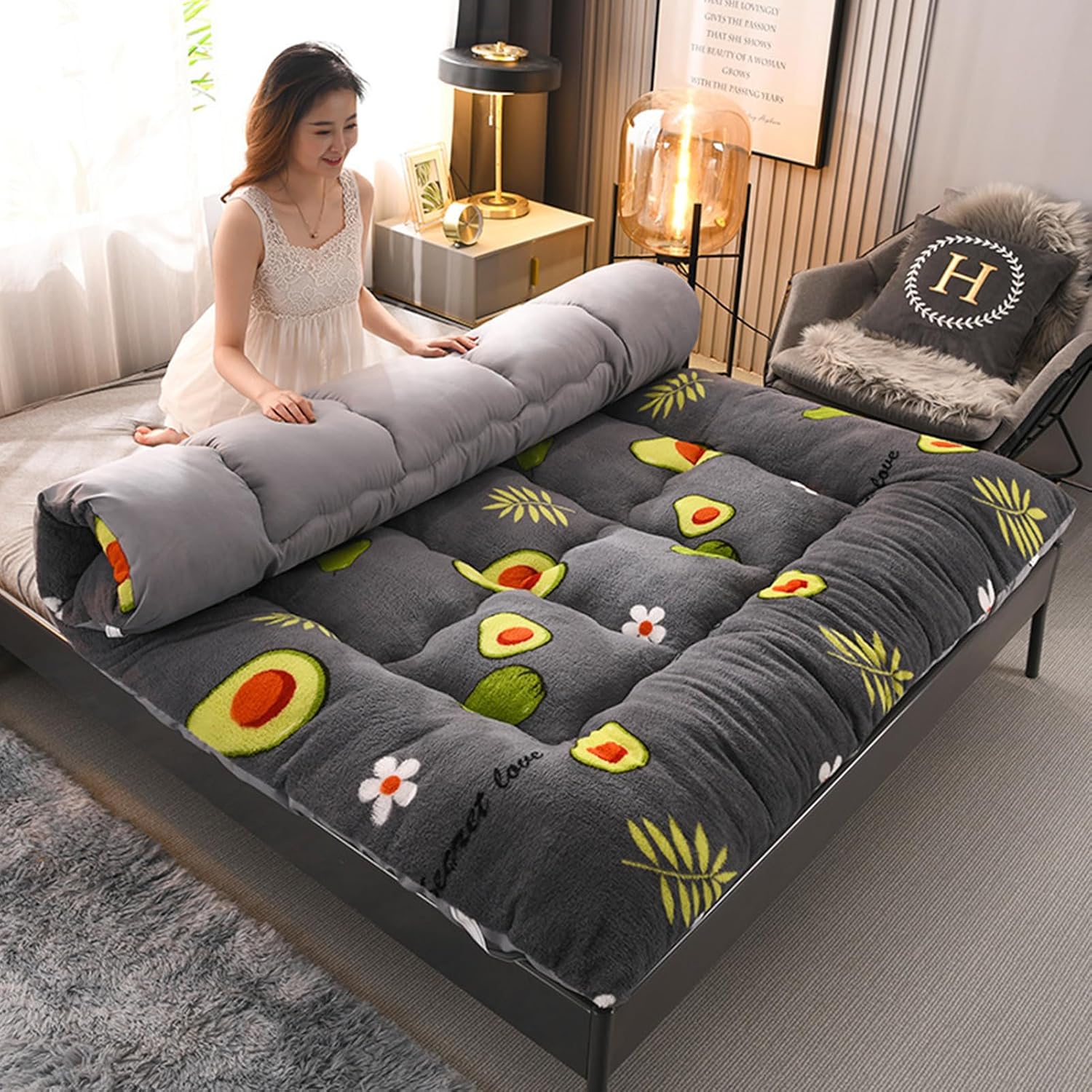 KNVSS Japanese Floor Mattress, Queen Size Japanese Futon Mattress Roll Up Mattress Tatami Mat, Foldable Mattress Breathable Floor Lounger Guest Bed, Extra Thick Sleeping Pad with Non Slip Straps