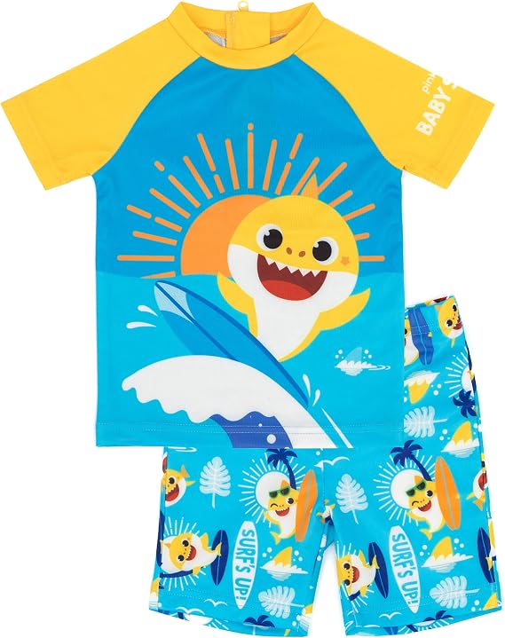 Baby Shark Swimsuit Boys Toddlers 2 Piece Blue T-Shirt Shorts Surf Suit