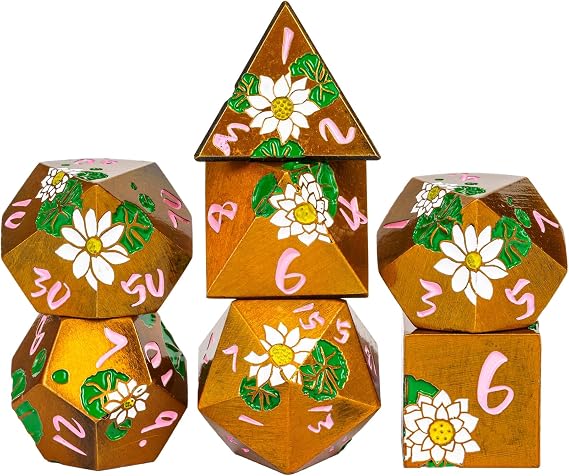 Cusdie 7-Die Lotus Metal DND Dice Set, D&amp;D Metal Dice, Polyhedral Dice Set, for Role Playing Game Pathfinder(Ancient Gold w/Pink Numbers)
