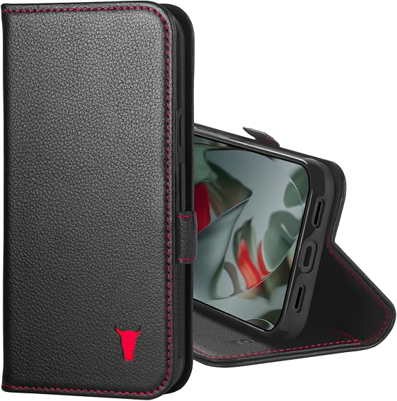 TORRO Leather Case Compatible with Google Pixel 10 Pro XL 6.8 2025 Premium Leather Wallet Case with Kickstand and Card Slots (Black with Red Detail)