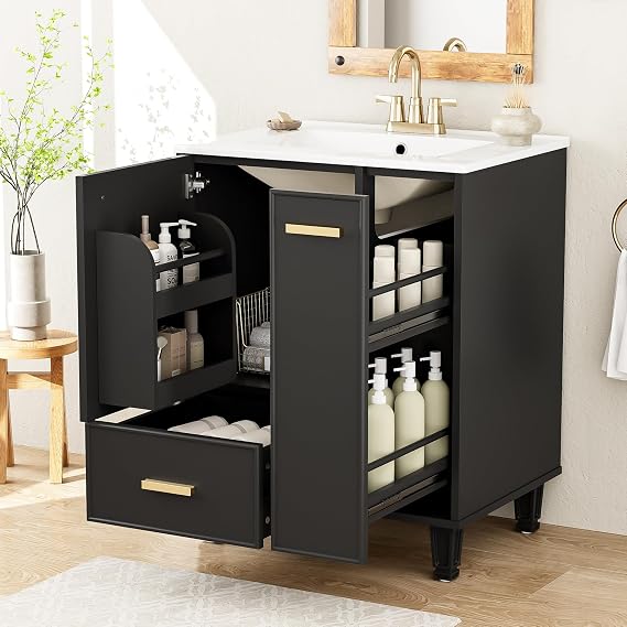 24" Bathroom Vanity with Ceramic Sink & Storage Cabinet Include Deep Drawer, 2-Tier Pull-Out Baskets, Soft-Close Doors Solid Wood Frame & Waterproof MDF Easy Assembly , One Package (Black)