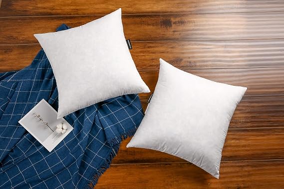 JA COMFORTS 1818 Premium Goose Down Feather Throw Pillow Inserts(Set of 2)-5% Down Filling,High Filling Weight,250 TC Cotton Cover, Square, White
