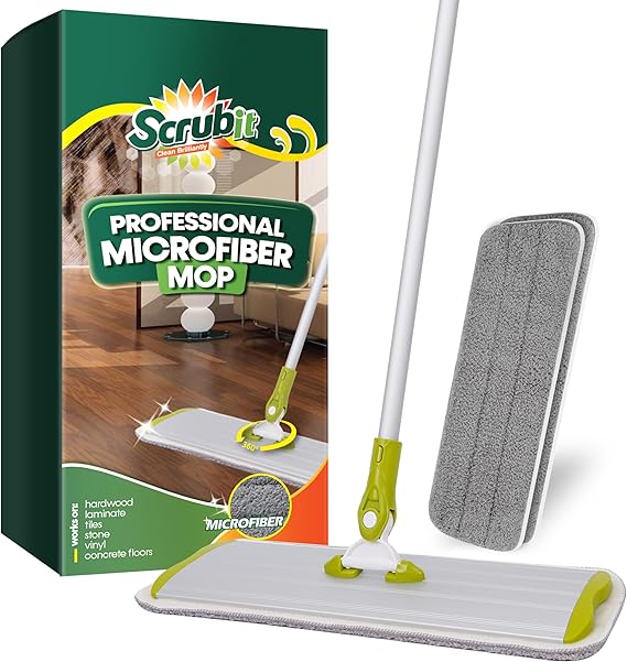 SCRUBIT Microfiber Mop for all Floor Types with 2 Washable and Reusable Pads - Height Adjustable - 360 Swivel Handle - Dirt Remover Included - Household Cleaning Supplies