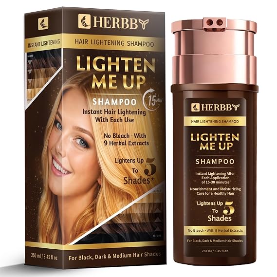 HERBBY Hair Lightening Shampoo, Bleach-Free with 9 Herbals Formula for Lightening Black, Dark & Medium Hair Colors Instant Lightening with each use, No Damage 250ml