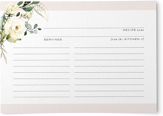 50 Floral and Gold Recipe Cards - 4x6 inch - Watercolor Recipe Cards for Bridal Shower, Housewarming & Mother's Day Gift