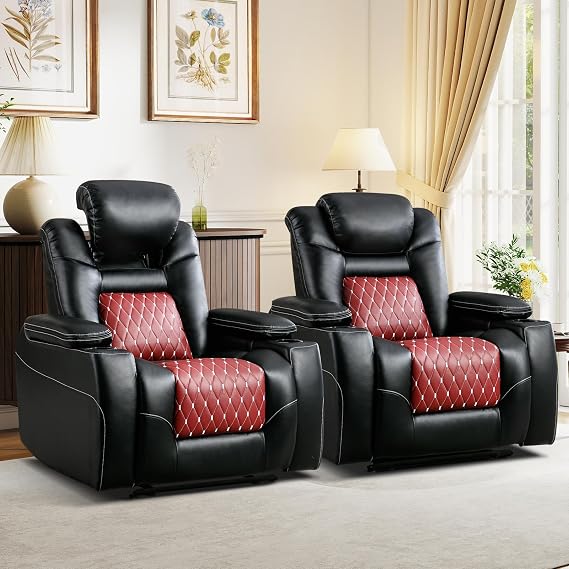 ANJ Power Recliner Chair Set of 2,Home Theater Seating with Adjustable Headrest,Cup Holders,USB Port,Hidden Arm Storage(Black)
