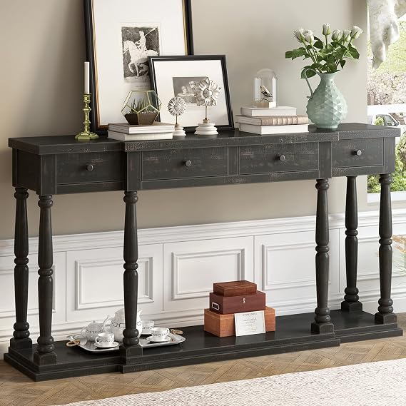 Farmhouse Rustic Wood Console Table Distressed 63-Inch Extra Long Entry Sofa Table with Drawers & Open Shelf for Living Room Entryway Hallway (Antique Black)