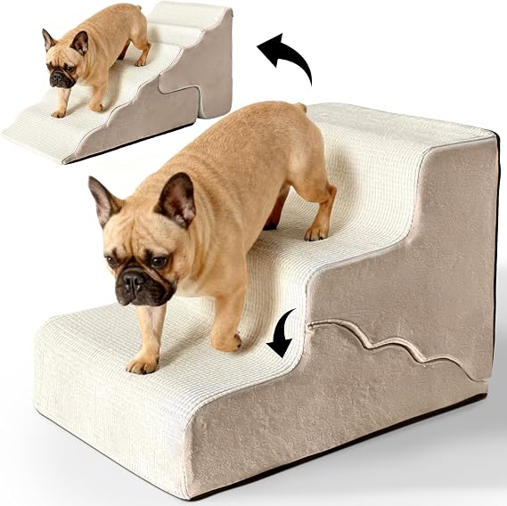 2-in-1 Dog Ramp Stairs, 3-Tier Dog Stairs for Couch Sofa, Beige | Pet Stairs with Non-Slip Base and Removable, Machine-Washable Cover,Suitable for Senior Dogs, Small Dogs and Cats
