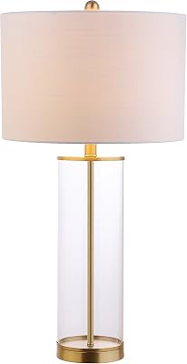 JONATHAN Y 29 ClearBrass Gold Modern Glass Table Lamp for Living Room Bedroom, Minimalist Nightstand Bedside Lamp, White Linen Drum Shade, LED Bulb Included JYL2005A