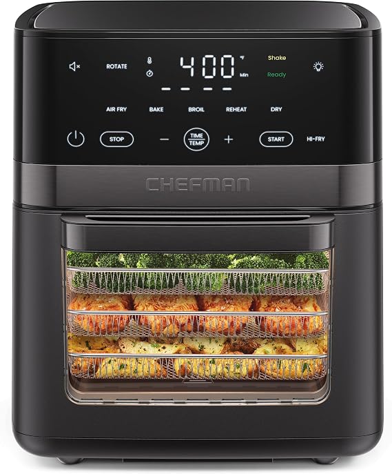 Chefman Air Fryer 6-in-1, XL 14-Quart Multifunctional Airfryer with Touchscreen Controls, Rotisserie, Food Dehydrator, Convection Oven, Bake, Broil, and Reheat Functions, Windowed Door Black