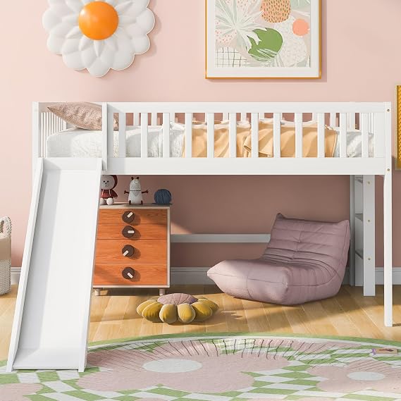 YOPTO Full Size Low Loft Bed with Ladder and Slide,Wood Loft-Bed for Adults, Kids and Young Teens, No Box Spring Required,Wood Slat Support,White