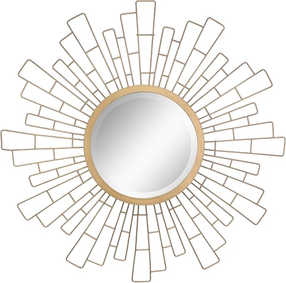 Stonebriar Round Decorative 23.6" Geometric Metal Sunburst Hanging Mirror for Wall, Antique Gold