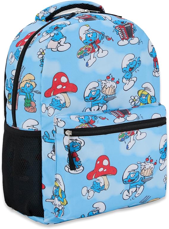 Smurfs Allover Print Backpack - Smurfs, Smurfette, Papa Smurf and Gargamel - Adult and Kids School Bag (Blue)