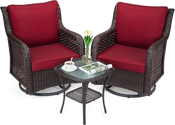 Outdoor Swivel Wicker Glider Patio Chairs with Table Set, 3 Pieces Outdoor Bistro Set with 4Thick Cushions and Coffee Table for Porch, Balcony, Deck (Red)