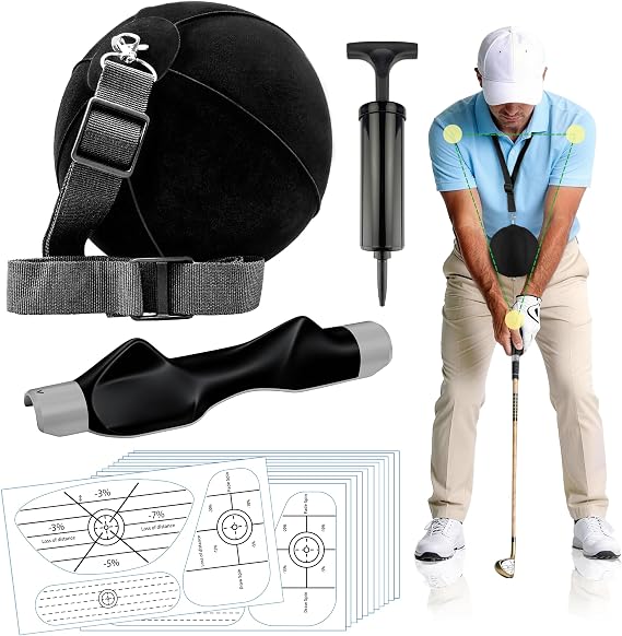 Golf Training Aids Kit, 3-in-1 Swing Training Set with Trainer Grip, Impact Tape for Golf Clubs, Inflatable Golf Training Ball, Pump and Adjustable Lanyard to Improve Swing Habits for Golfers