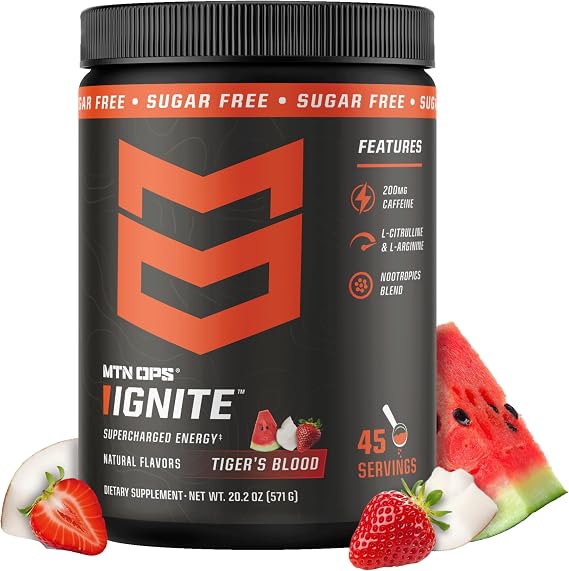 MTN OPS Ignite Energy Powder, Zero Sugar, Tiger's Blood | Sugar Free, 200mg Caffeine, Nootropic Blend for Energy, Focus & Endurance, L Arginine & L Citrulline