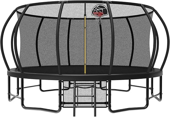 Lyromix 12 14 15 16FT Outdoor Trampolines for Kids and Adults, Pumpkin Trampolin with Curved Poles, Recreational Trampolin with Basketball Hoop and Safety Enclosure Net for Kids and Adults