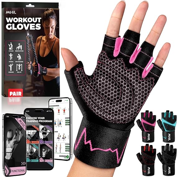 MhIL Workout Gloves for Women Breathable Gym Gloves for Women with Palm Protection and Enhanced Grip Padded Weight Lifting Glove for Womens with Wrist Wraps Support Weightlifting Exercise Cycling