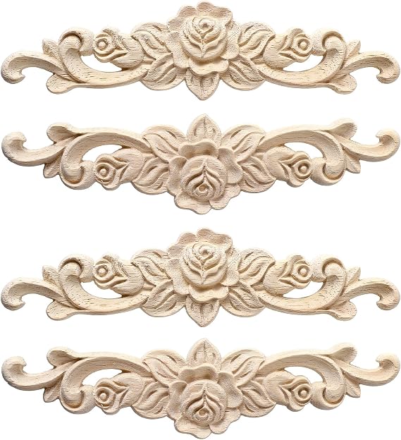 4pcs Wood Appliques Onlays Decorative Wooden Applique for Furniture Long Wood Carved Appliques Onlays for Cabinet Door Bed Wardrobe Furniture Decoration DIY Carved Onlay for Bed (7.87x1.97in