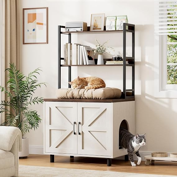Halitaa Cat Litter Box Enclosure, Cat Box Enclosure Cabinet | Hidden Litter Box Furniture with 2 Storage Shelves, Wooden Cat House for Living Room & Entryway, White