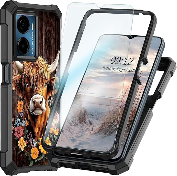 Compatible for Cricket Magic 2 5G 2024 and AT&T Propel 2 5G Case With Screen Protector, Heavy Duty Shockproof Dual Layer Structure Protective Cover, Silicone TPU, Cute Highland Cow