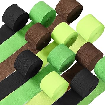 Epakh 12 Rolls Black/Green/Brown Crepe Paper Streamers (984ft) - Pixel Themed Party Decorations, Video Game Birthday Supplies, Dinosaur Jungle Camo Army Camp Natural Theme Green Party Decor Halloween
