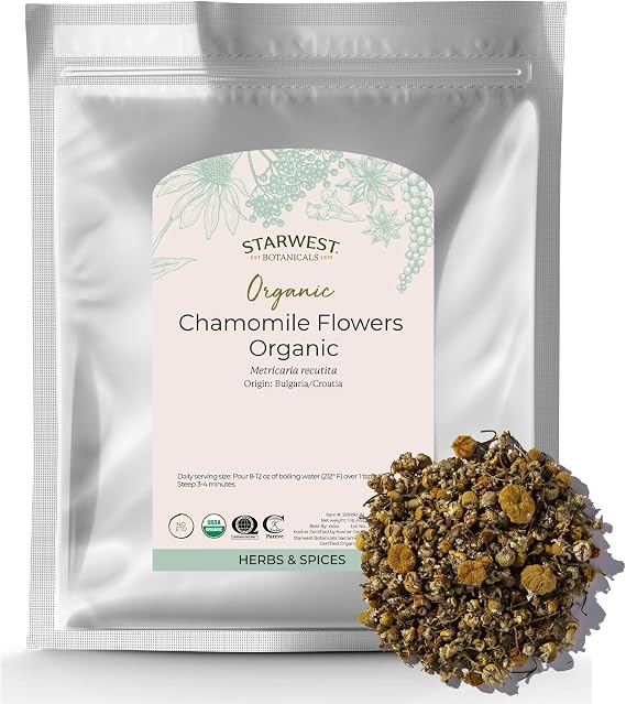 Starwest Botanicals Organic Chamomile Flowers Whole - Bulk 1 lb Bag | Dried Loose Leaf Herb for Tea, Herbal Lotions, Baking, Sourced from Croatia & Bulgaria, Certified Kosher, Non-GMO