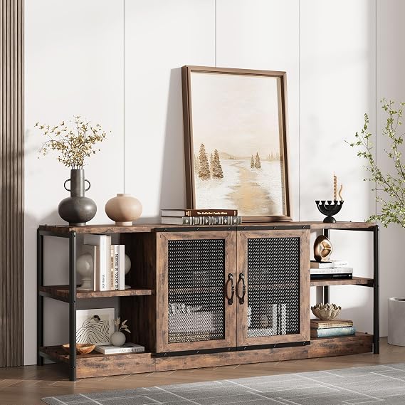 Farmhouse TV Stand for 65/75 inches TVs, Industrial Entertainment Center with Double Mesh Doors and Storage Cabinet, Rustic TV for Living Room, Vintage