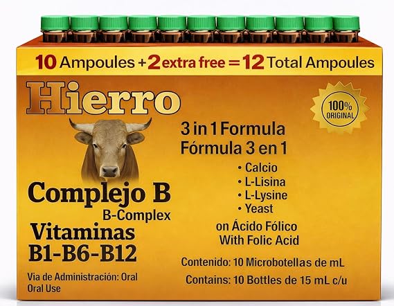 3en1 B Complex, Complejo B 1000 Shot | Multi-Vitamins,Calcium, L-Lysine | Box with 12 Ampoules of 15ml | Energy, Cognitive Function, and Metabolic Health Boost.