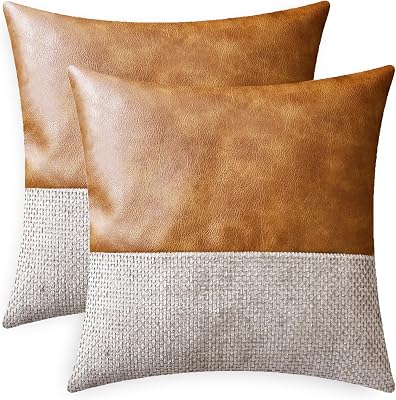 CaliTime Throw Pillow Covers Pack of 2 Soft Faux Leather Solid Dyed Cross Chenille Cushion Cases for Couch Sofa Home Decoration 18 X 18 Inches Taupe