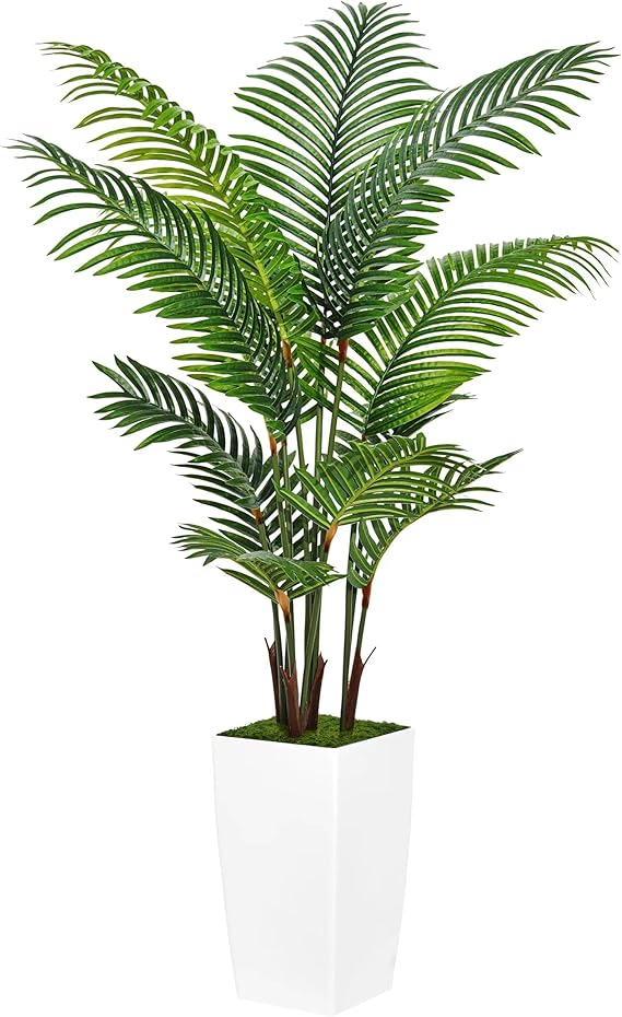 Artificial Plants Indoor - Fake Tree with White Tall Planter - Faux Floor Large Plant in Pot - Evergreen Artificial Silk Trees for Home Office Living Room Decor Indoor (Palm Tree 5FT)