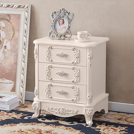 French Nightstand with 2/3 Drawers Storage, Gold Accents, French Style Bedside Table with Carving for Bedroom, Living Room (Beige, 15.7 * 23.6in)