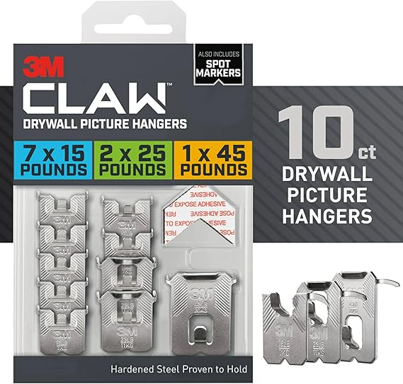 3M CLAW 45 lb. Drywall Picture Hangers Variety Pack with Spot Markers, Gray, Heavyweight Hanging for Room Decor and Office Decor, Including Mirrors or Large Art, 10 Wall Hangers, 10 Spot Markers