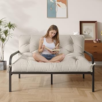 Furnify 6" Futon Mattress Queen Size, Futons Sofa Couch Bed with Straps, Thick Corduroy Fabric Floor Mattress for Adults, Foldable Mattress with Shredded Foam Filling (Frame Not Included), Beige