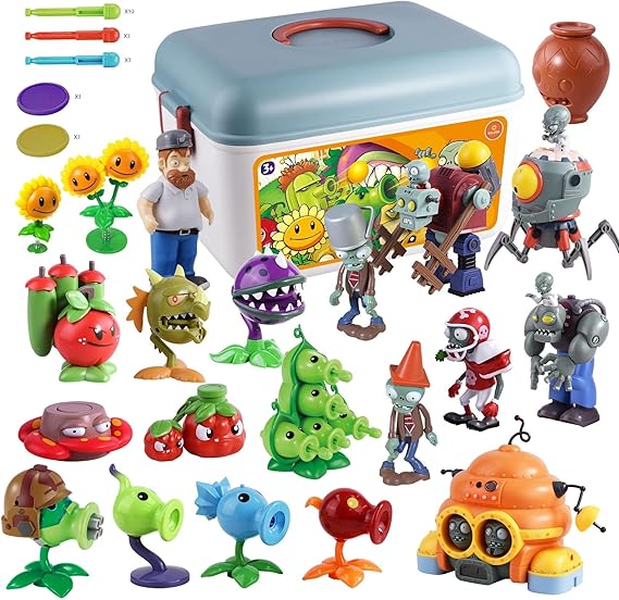 ROLOSO Plants and Zombies Toys Figures vs Peashooter Party Favors Birthday Decorations Supplies Plush Sets Playset Series 2 PVZ Kids Games Books Zomboss Gargantuar with Storage Box