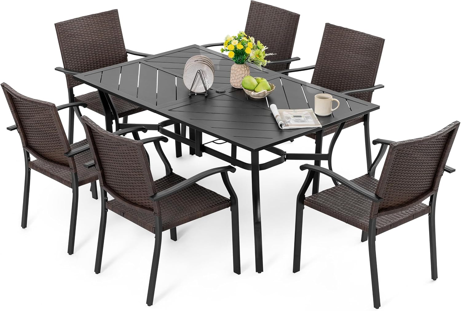 NUU GARDEN 7-Piece Outdoor Patio Dining Set with 6 Wicker Look Chairs and 61 x 37 Inch Rectangle Table with 1.77 Inch Umbrella Hole for Patio Deck Garden Backyard Indoor Outdoor,Black