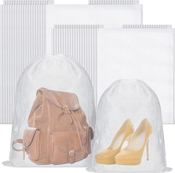 Woanger 40 Pcs Dust Bags for Handbags Drawstring Dust Proof Purse Storage Bags, 2 Size Non Woven Breathable Fabric Shoes Pouch for Purse Backpack Boots Cloth Storage Travel Package Organizer, White