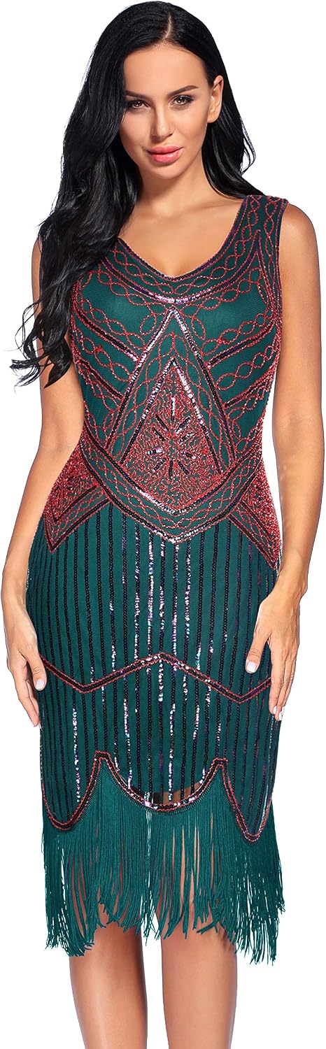 Women's Vintage 1920s Fringed Gatsby Sequin Beaded Tassels Hem Flapper Dress - Green - Small