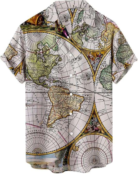 hhaappyy Hawaiian Shirt for Men Funky Casual Button Down Short Sleeve Unisex Beach Shirts Fashion World Map Print Summer Tops