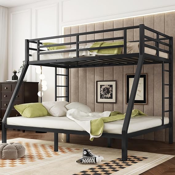 Bellemave Twin XL Over Queen Bunk Bed for Adults, Twin XL Over Queen Bunk Beds Frame with 2 Ladder  Length Guardrail, Easy Assemble, Mattress Not Included, Black