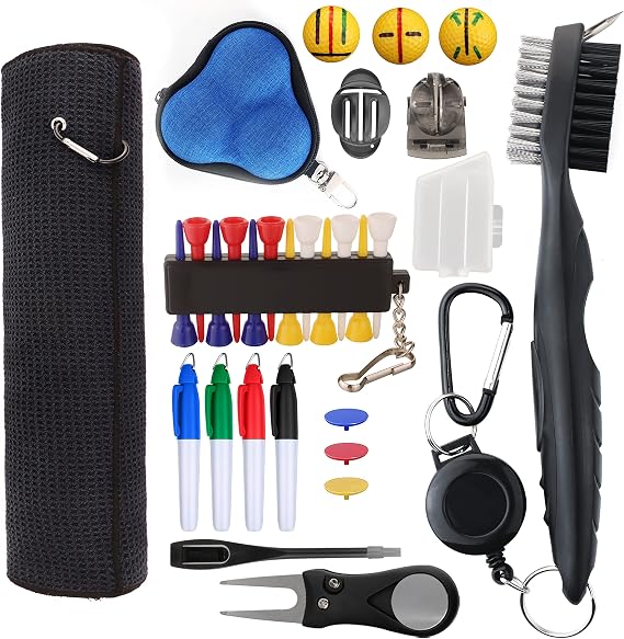 Golf Essentials Kit, 29 in 1 Golf Club Cleaning Kit - Golf Towel, Golf Club Brush, Gift Golf Balls, Golf Line Stencils and Pens, Golf Tee and Markers, Golf Divot Repair Tool - Golf Accessories for Men