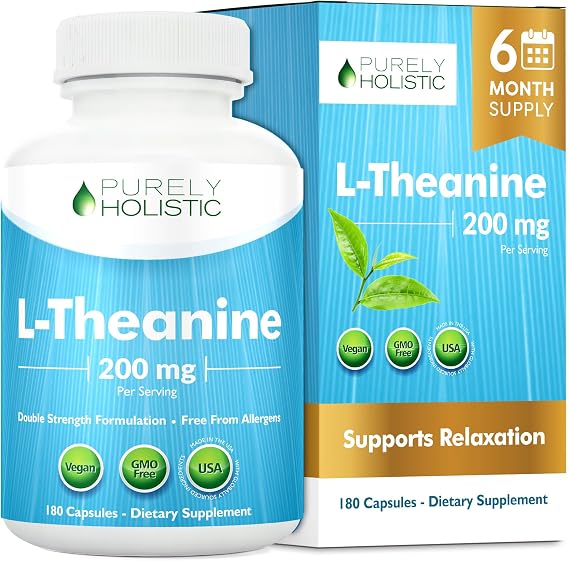 Purely Holistic L-Theanine 200mg (Double-Strength), 180 Vegan Capsules, 6 Month Supply, Non GMO & Gluten Free Ltheanine Vitamins | L-Theanine Supplement for a Healthy Stress Response and Sense of Calm Support, Non-Drowsy, Vegan & Non-GMO, 180 Capsules